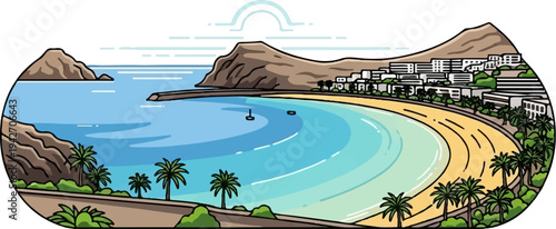 Scenic coastal town with a curved beach, palm trees, and mountains in background