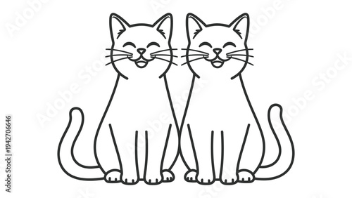 Synchronized Serenity: Two adorable cartoon cats, radiating pure joy with their heartwarming smiles, sit side by side, perfectly mirroring each other's relaxed pose. 