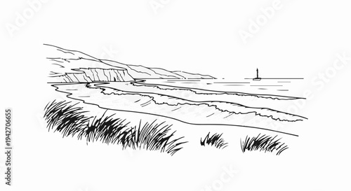 Coastal scene with rolling waves, grassy foreground, and a distant sailboat
