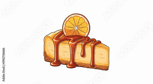A slice of rich cheesecake drizzled with caramel sauce and topped with an orange slice
