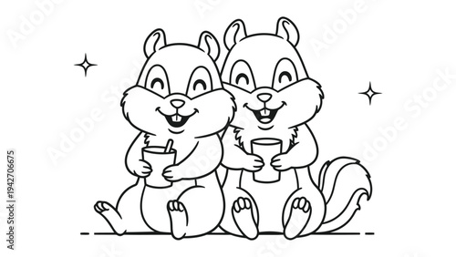 Squirrels drinking: A charming illustration of two squirrels sitting side-by-side, joyfully drinking from cups, perfect for adding a touch of lightheartedness to any project.