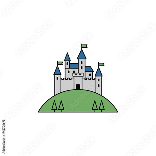 Cartoon Castle on a Hill with Flags.
