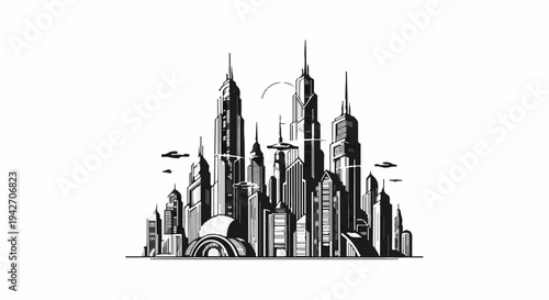Stylized black and white drawing of a futuristic city skyline with tall skyscrapers