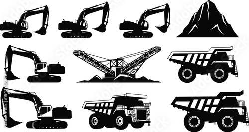 Mining excavator and dump truck silhouettes set, heavy construction machinery collection with quarry equipment and mountain, industrial vehicles icons isolated on white background