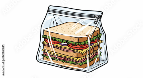 A tall sandwich with multiple layers of fillings, sealed in a clear plastic bag
