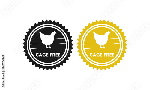 Cage free chicken logo in a scalloped circle badge, representing organic poultry farming, animal welfare, and high quality natural egg production