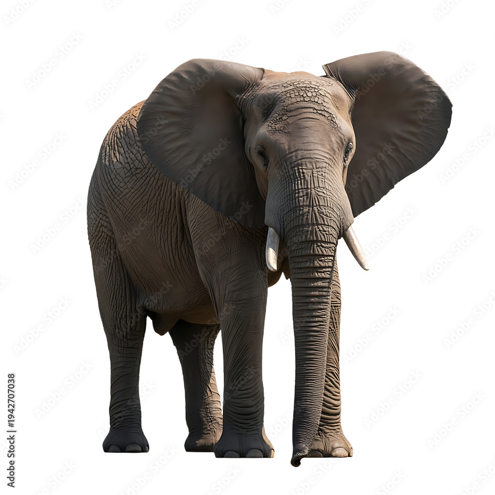 Fototapeta premium African elephant standing side view, majestic wildlife animal portrait, grey nature, transparent background