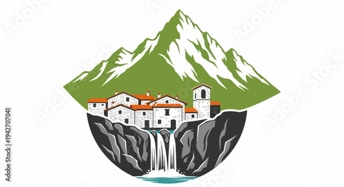 Picturesque mountain village with a waterfall cascading down cliffs