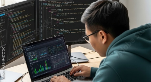 Young Asian Developer Intensely Coding on a Laptop with a Multi-Monitor Setup.