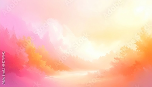 Dreamy landscape painting with soft color washes of pinks, oranges, and yellows