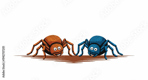 Two cartoon spiders, one orange, one blue, smile at viewer