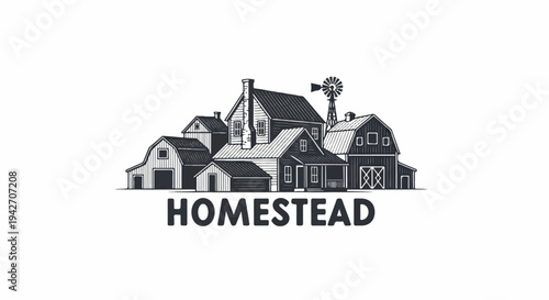 Rustic farm buildings with windmill