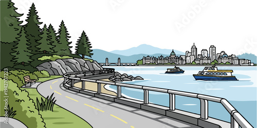 Waterfront cityscape with trees, road, and boats