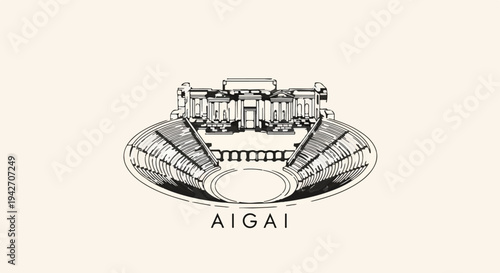 Ancient Greek amphitheater and building illustration with text