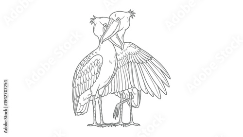 Affectionate Shoebills: Two elegant Shoebill storks in a tender embrace, their unique features highlighted in a beautiful sketch, showcasing a moment of tenderness.