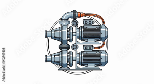 Two industrial pumps are connected by pipes to electric motors