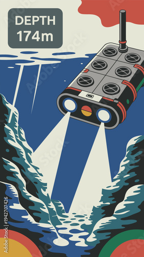 ROV underwater drone exploring deep sea environment. Remotely operated vehicle investigating underwater ecosystem with bright lights.