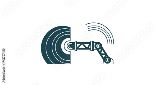 Robotic arm with vinyl record and signal waves.