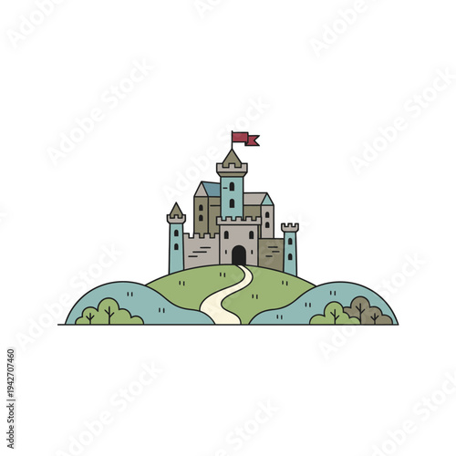 Cartoon Castle on a Hilltop with Flag.