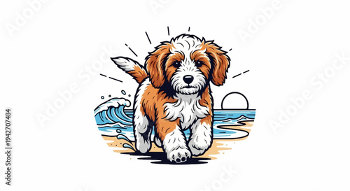 Playful puppy with white and tan fur trots along a sandy beach with ocean waves