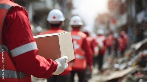 volunteer carrying humanitarian aid box during disaster response teamwork concept copy space