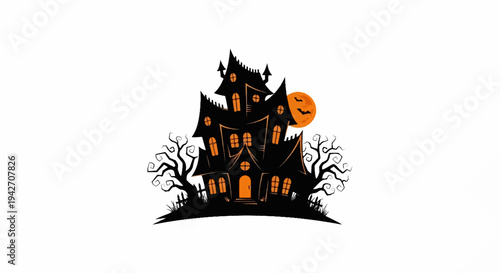 Spooky haunted house with bats and a full moon on Halloween