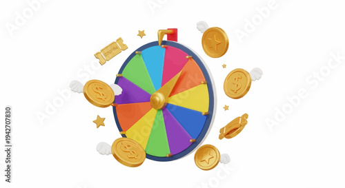 Colorful spinning prize wheel with flying golden coins and coupons