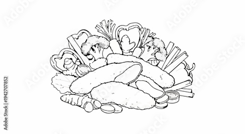 Collection of assorted raw vegetables including pickles, broccoli, carrots, and bell peppers