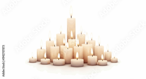 Cluster of lit candles with varying heights on a white background