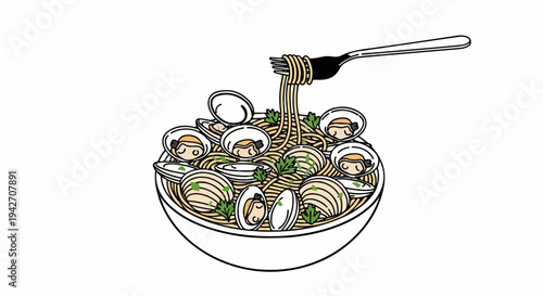 Whimsical illustration of a bowl of pasta with clams and a fork