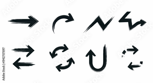 Diverse black brush stroke arrows pointing directions in various forms