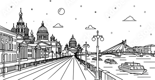 Outline cityscape with domes, bridge, boats, and sky with moon