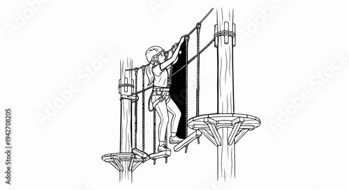 Young person on a high ropes course using harness and carabiners
