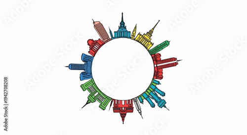 Colorful buildings forming a circular skyline on a white background