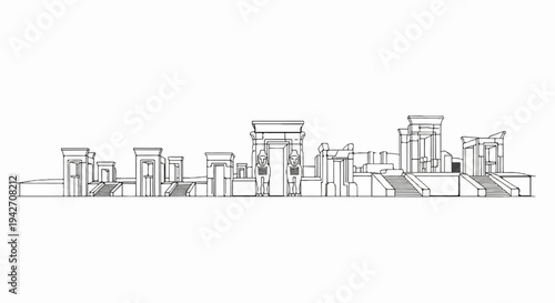 Line drawing of an ancient Egyptian temple complex with statues at the entrance