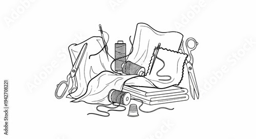 Sewing supplies including fabric, thread spools, needles, thimble, and scissors