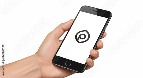 Hand holding a smartphone with a black circular icon on a white screen