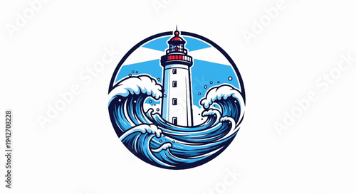 Lighthouse amidst crashing waves, beacon of light in a circular emblem