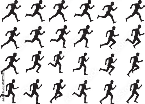 A rhythmic repeating pattern of black silhouettes showing a man running with enthusiasm