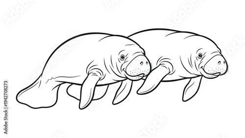 Gentle Manatees Swimming Together: A tender moment captured as two manatees glide gracefully through the water, symbolizing companionship and tranquility in their aquatic realm.