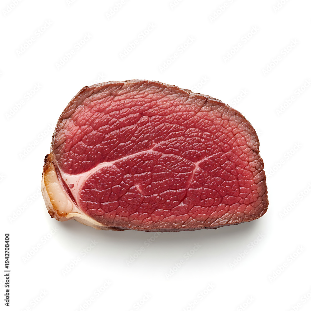 Fototapeta premium Deliciously cooked medium-rare beef slice showing juicy red interior on a pristine white background from above