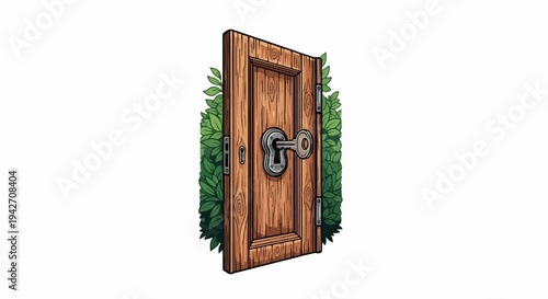 Ornate wooden door with a key in the lock, surrounded by greenery