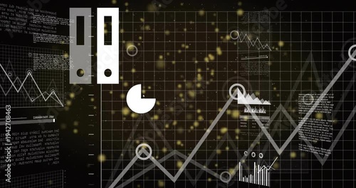 Animated charts and laptop cloud icon shifting in dark space, camera zooming revealing data trends