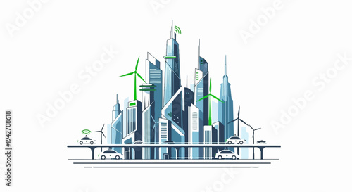 Futuristic city skyline with wind turbines and autonomous vehicles