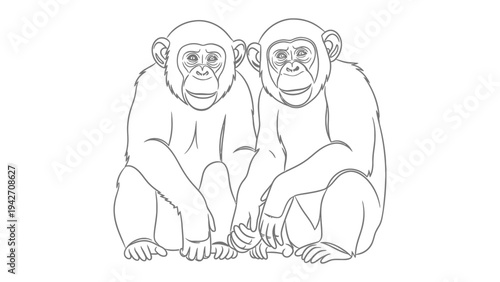 Two Chimpanzee Together: Black and white linear design of two chimpanzees are sitting together looking forward.