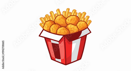 A cartoon depiction of a red and white striped box overflowing with fried chicken nuggets and french fries