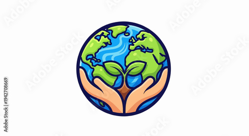 Hands cradle a sprouting plant within a cartoonish, round planet