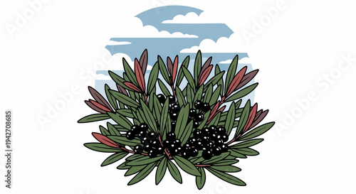 A cartoonish illustration of a bush with dark berries and green leaves