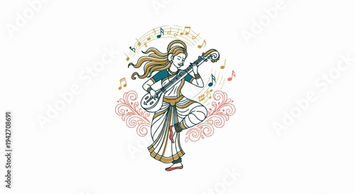 Elegant figure plays a stringed instrument surrounded by musical notes and ornate designs