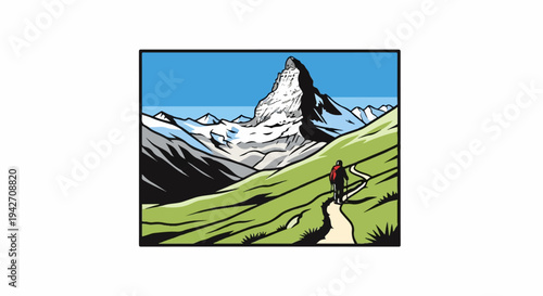 Hiker on path approaching majestic snow-capped mountain peak